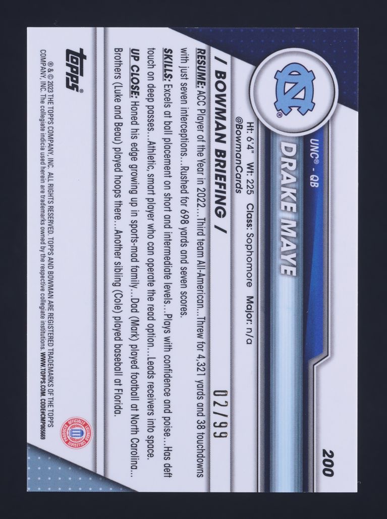 2023 Bowman Chrome U Green Shimmer Refractor Drake Maye ROOKIE /99 #200 MBA AUTH