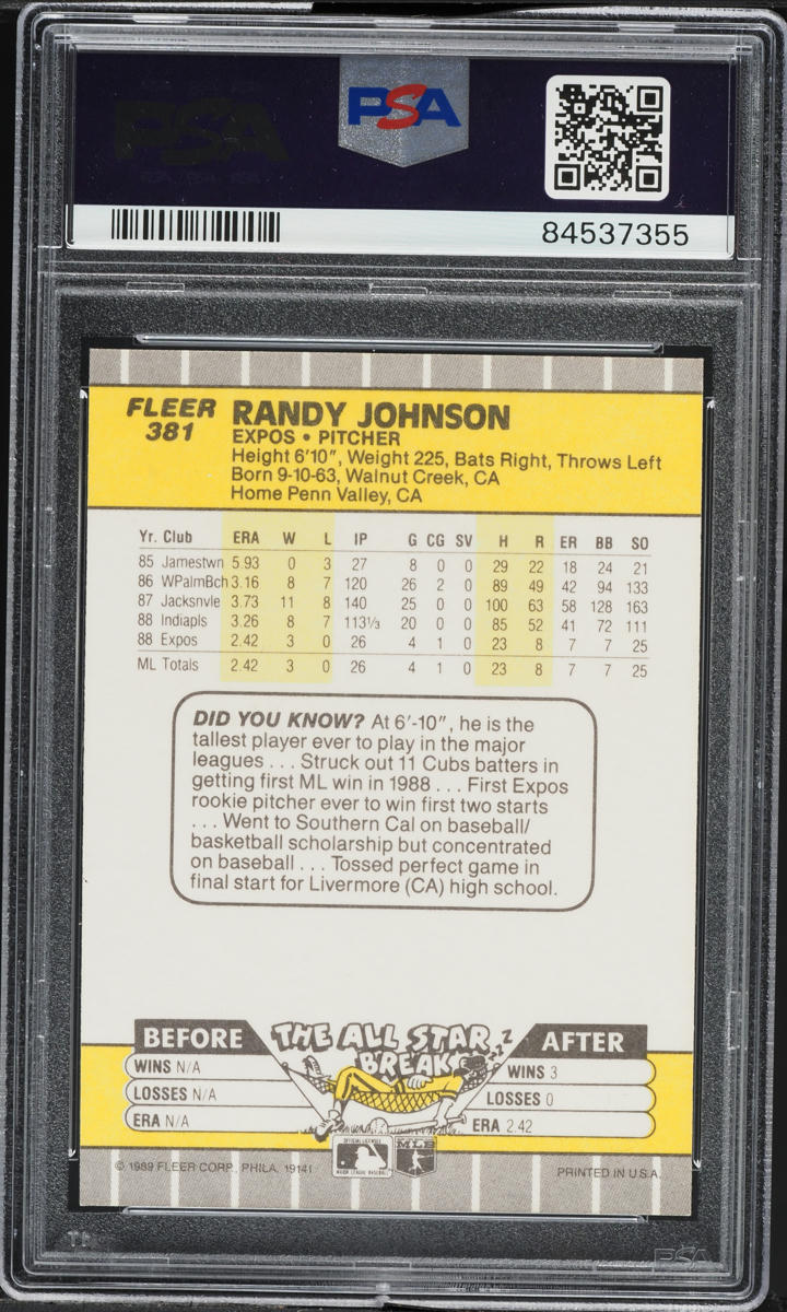 1989 Fleer Ad Partially Obscured Randy Johnson ROOKIE #381 PSA 9 MINT