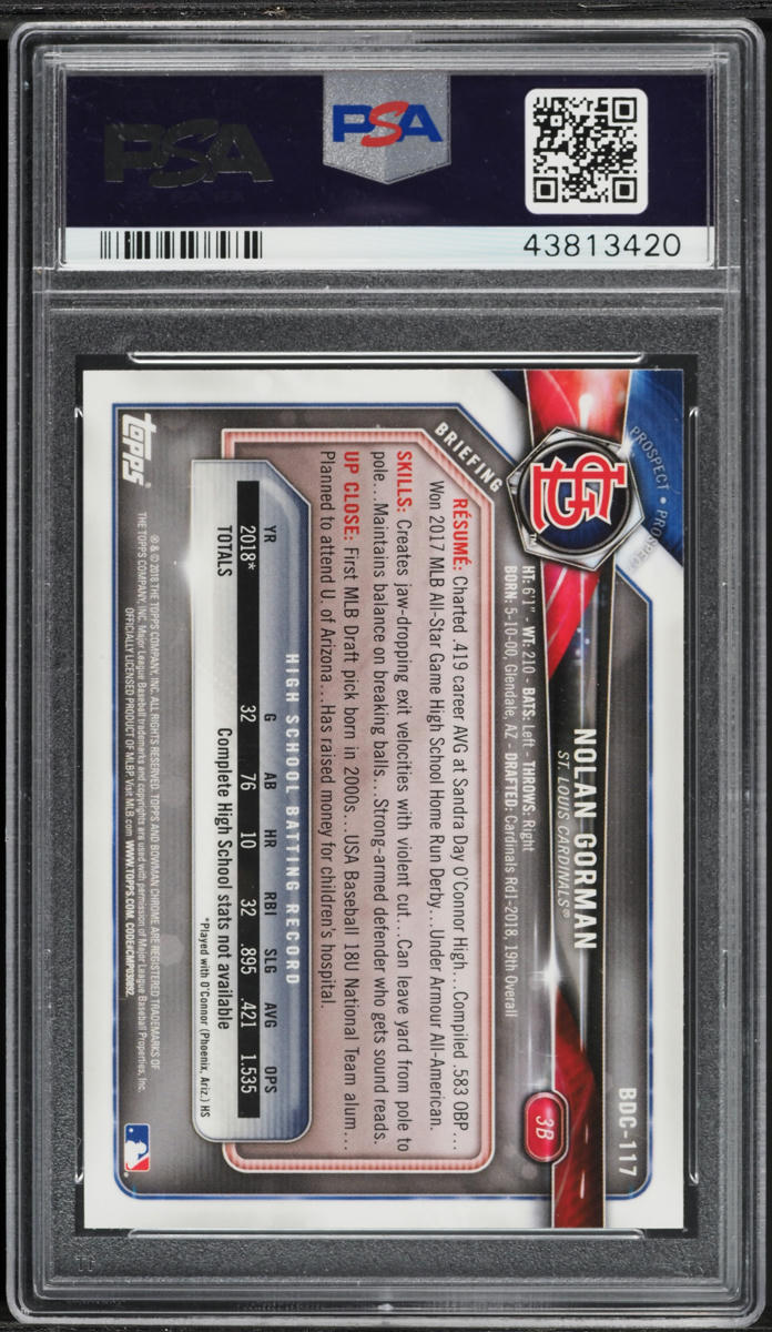 2018 Bowman Chrome Draft Nolan Gorman PROSPECT #BDC-117 PSA 10 GEM MINT