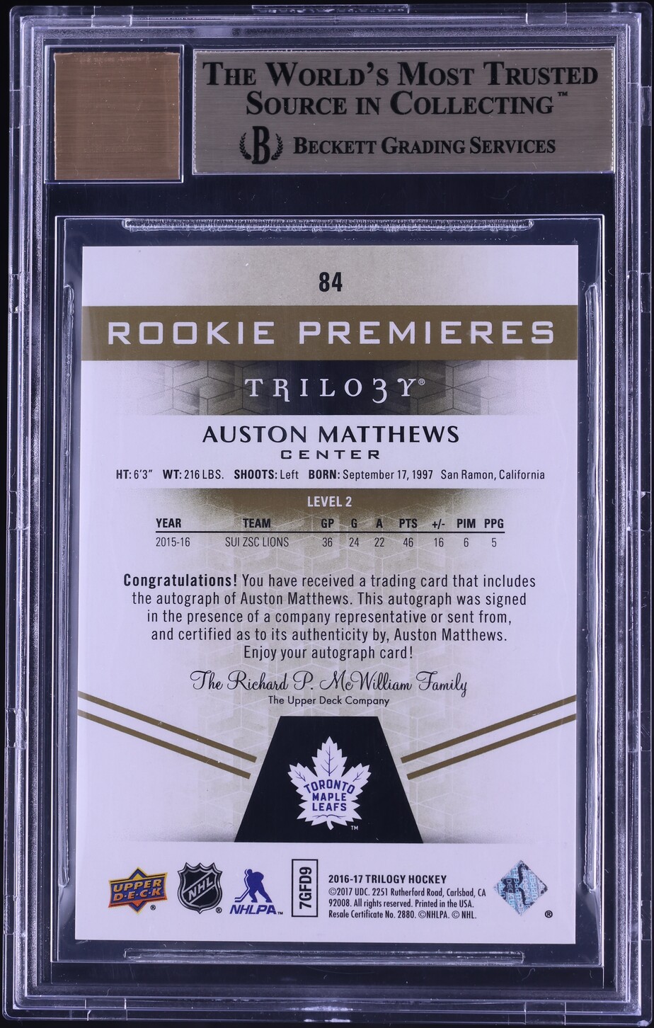2016 Upper Deck Trilogy Auston Matthews ROOKIE AUTO /99 #84 BGS 9.5 GEM MINT