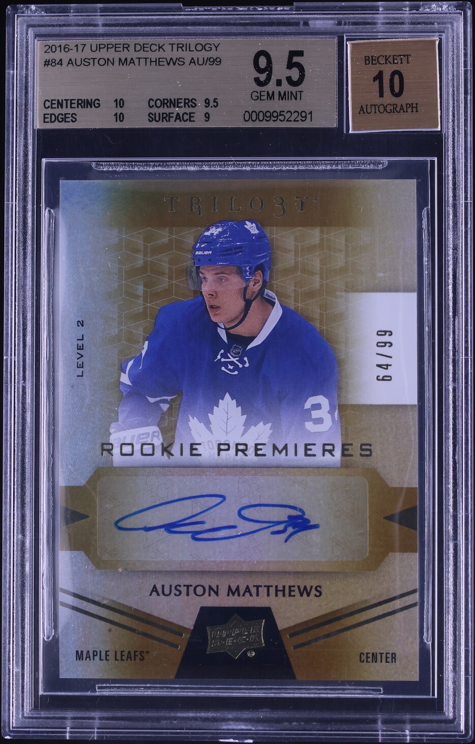 2016 Upper Deck Trilogy Auston Matthews ROOKIE AUTO /99 #84 BGS 9.5 GEM MINT