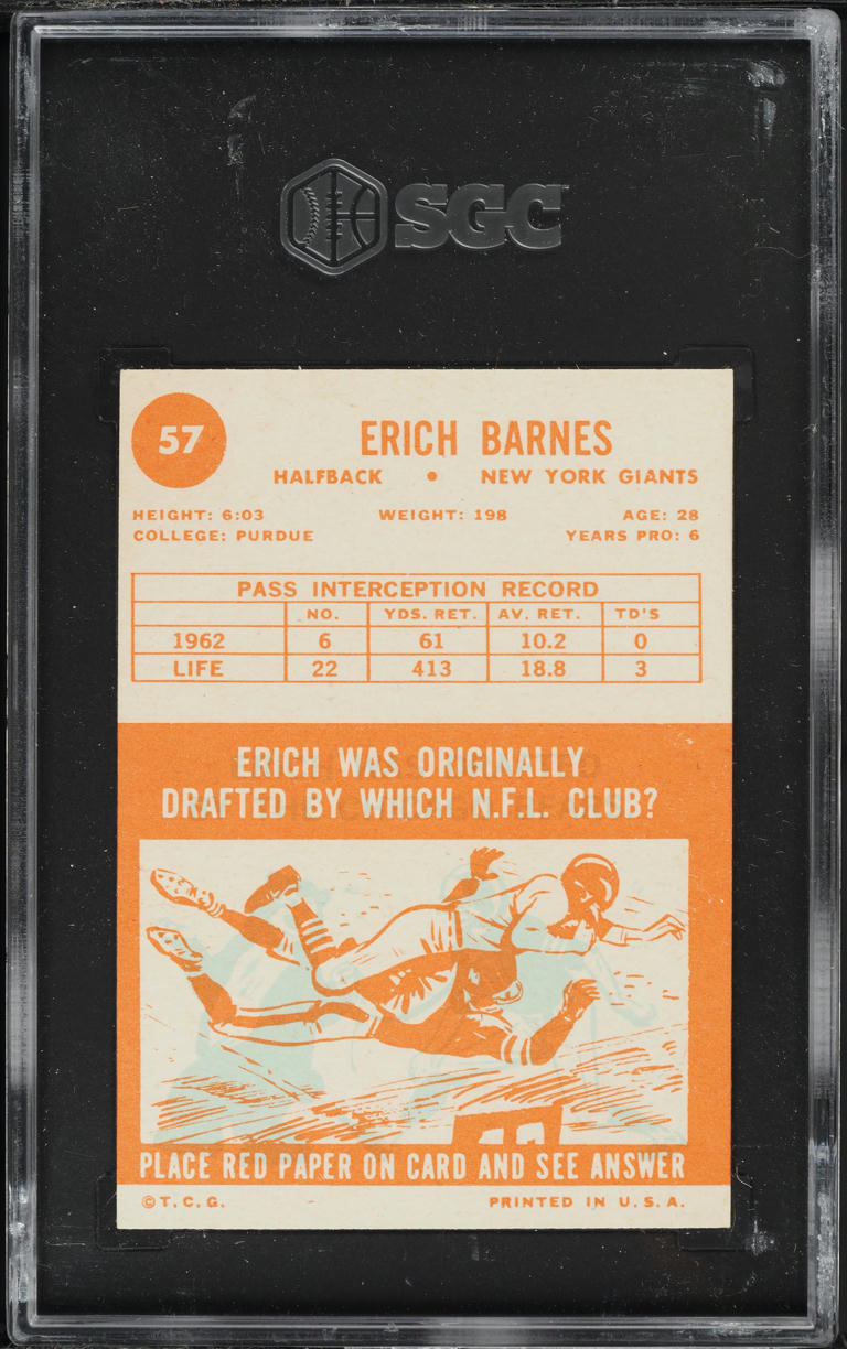 1963 Topps Football Erich Barnes #57 SGC 6 EXMT