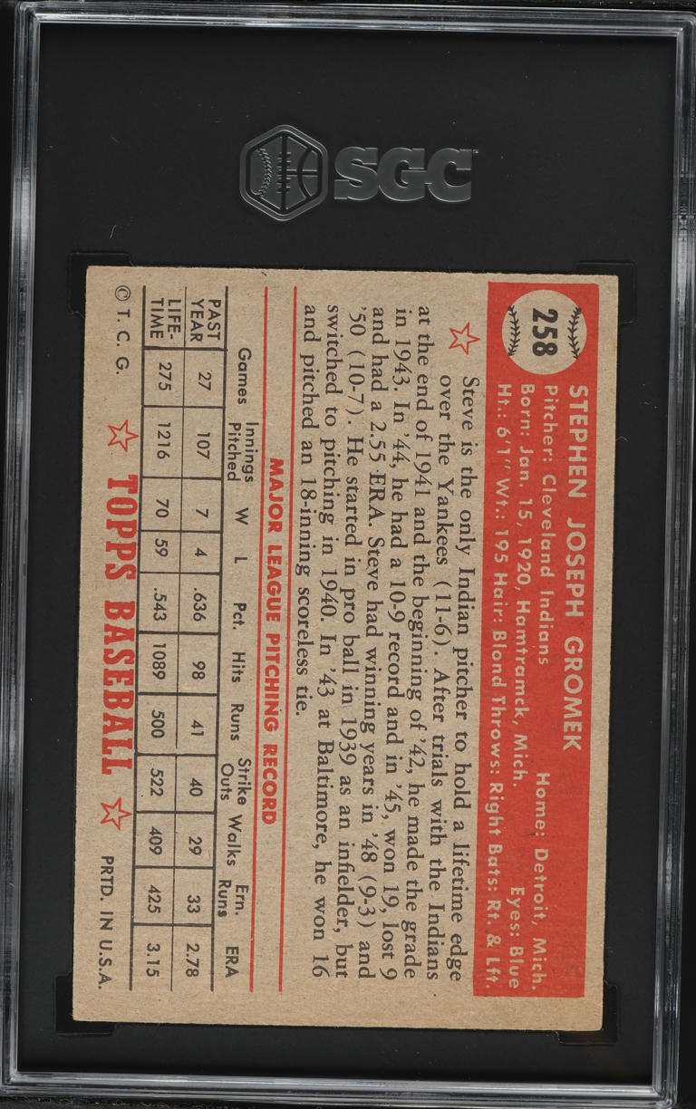 1952 Topps Steve Gromek #258 SGC 4 VGEX