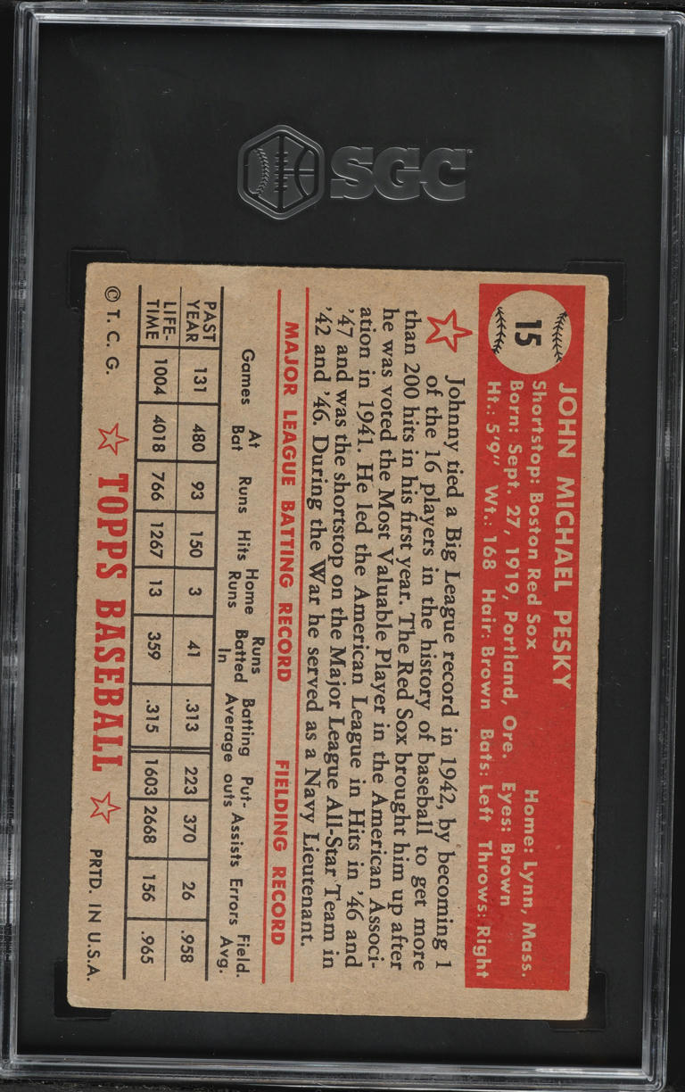 1952 Topps Johnny Pesky #15 SGC 4 VGEX