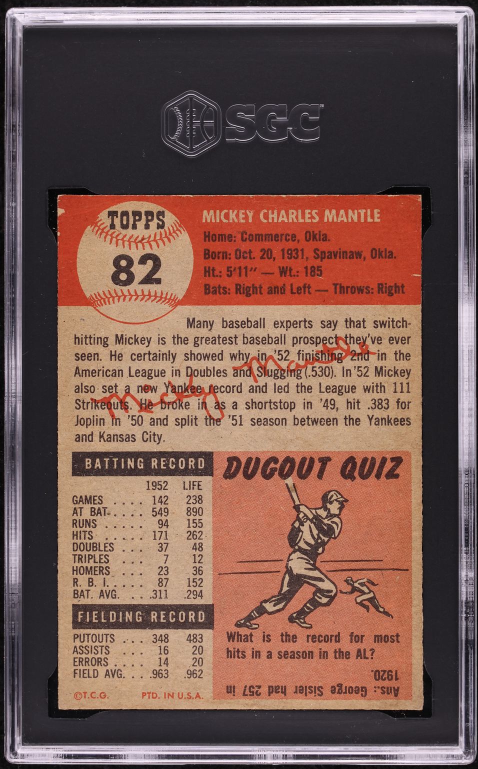 1953 Topps Mickey Mantle #82 SGC 6 EXMT
