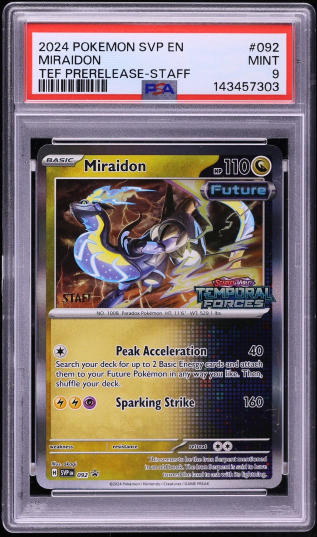 2024 Pokemon SV Black Star Promo Temporal Forces Prerelease Staff Miraidon #092 PSA 9 MINT