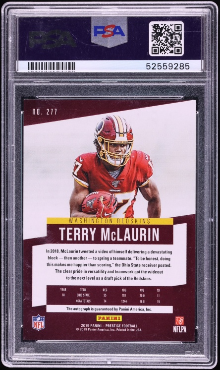 2019 Panini Prestige Xtra Points Terry McLaurin ROOKIE AUTO #277 PSA 9 MINT - Photo 2