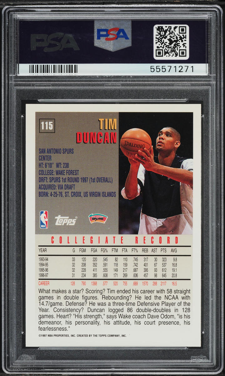1997 Topps Basketball Tim Duncan ROOKIE #115 PSA 10 GEM MINT