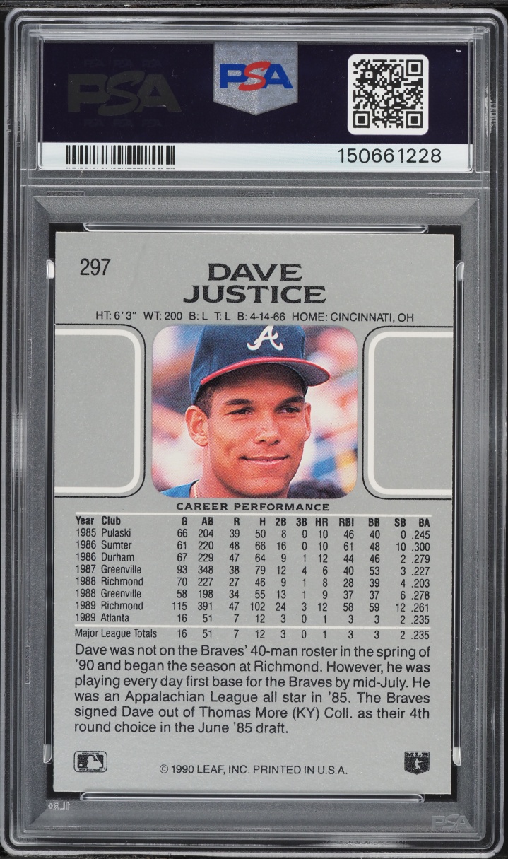 1990 Leaf Dave Justice ROOKIE #297 PSA 10 GEM MINT