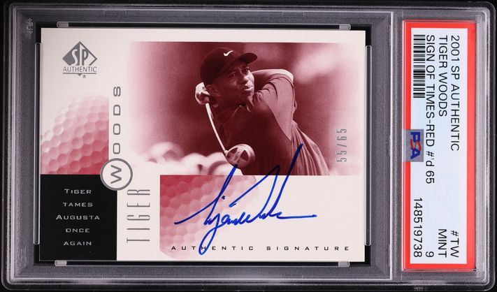 2001 SP Authentic Sign Of Times Red Golf Tiger Woods ROOKIE AUTO /65 #TW PSA 9 MINT