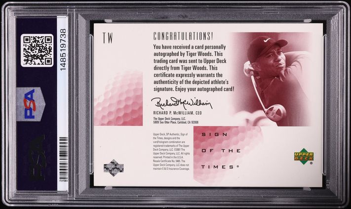 2001 SP Authentic Sign Of Times Red Golf Tiger Woods ROOKIE AUTO /65 #TW PSA 9 MINT