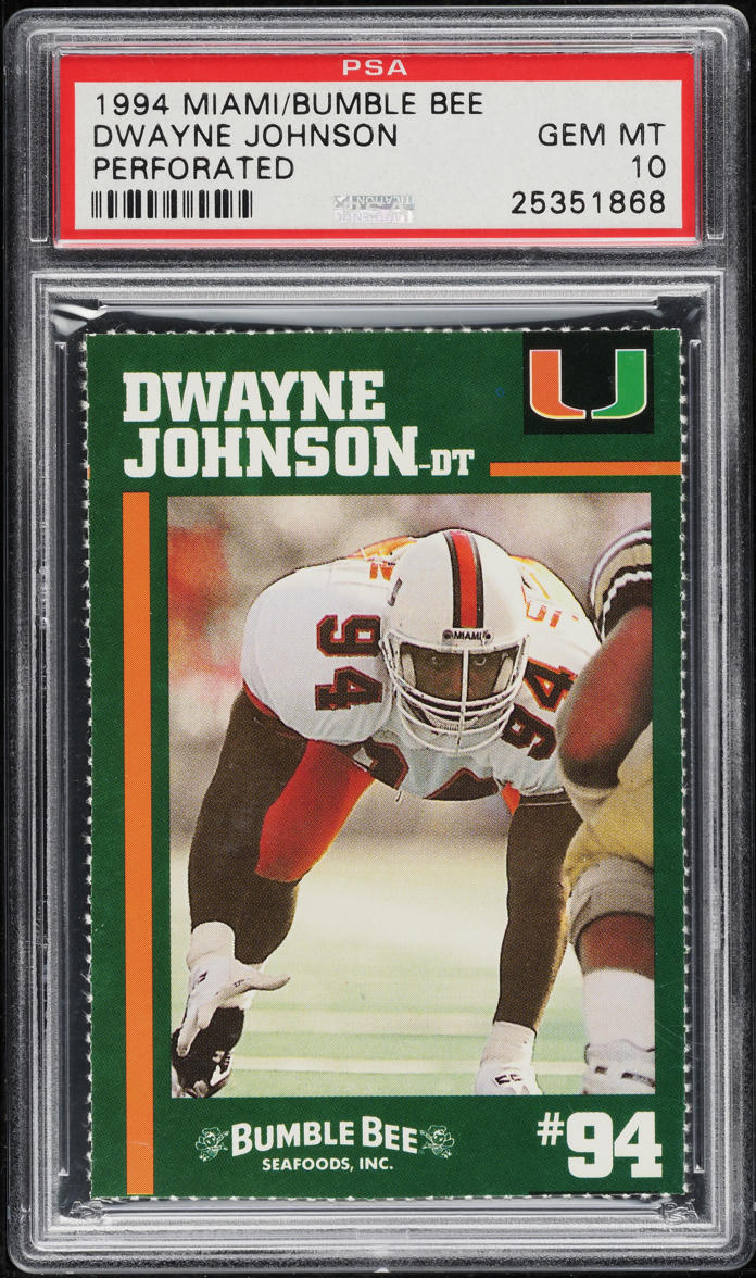 1994 Miami Bumble Bee Perforated Dwayne 'The Rock' Johnson ROOKIE PSA 10 GEM