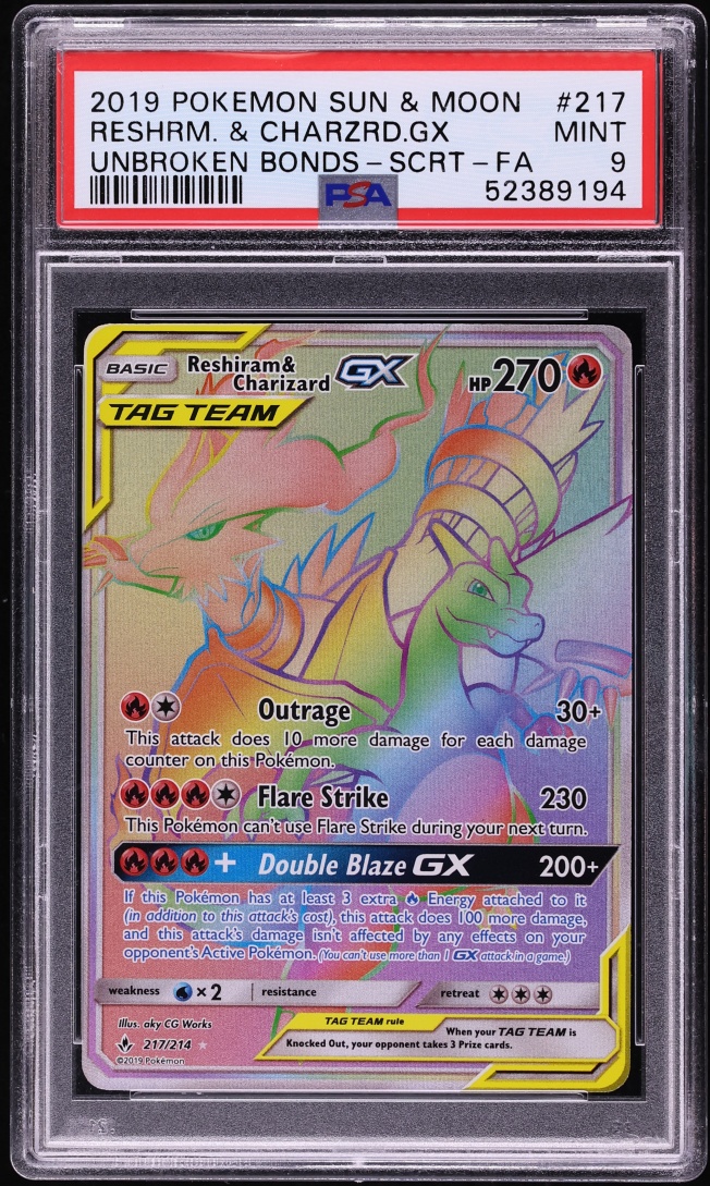 2019 Pokemon Sun & Moon Unbroken Bonds Rainbow Rare Reshiram Charizard GX #217 PSA 9 MINT
