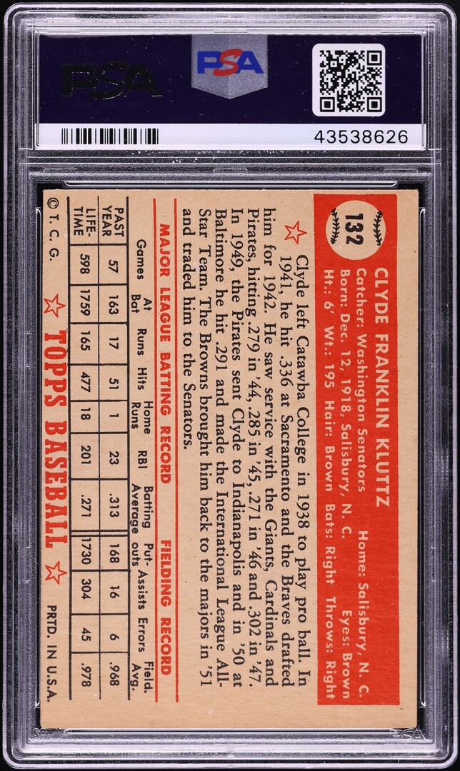 1952 Topps Clyde Kluttz #132 PSA 4 VGEX