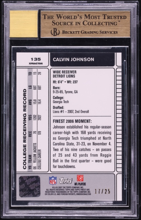 2007 Finest Green Xfractor Calvin Johnson ROOKIE AUTO /25 #135 BGS 9.5 GEM MINT - Photo 2