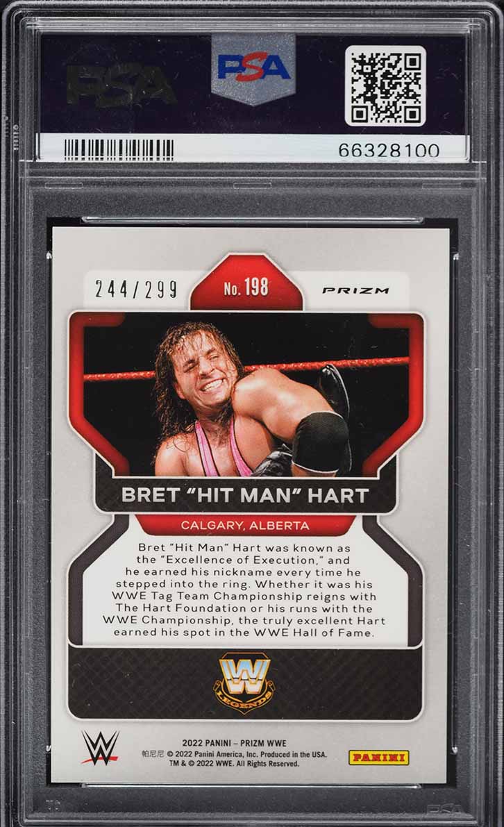 2022 Panini Prizm WWE Red Bret "Hit Man" Hart /299 #198 PSA 10 GEM MINT