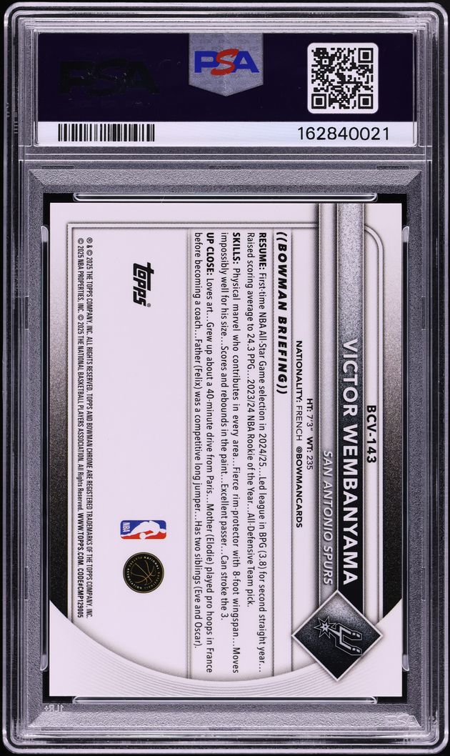 2025 Bowman Chrome Sapphire Padparadscha Victor Wembanyama 1/1 #BCV-143 PSA 10 GEM MINT