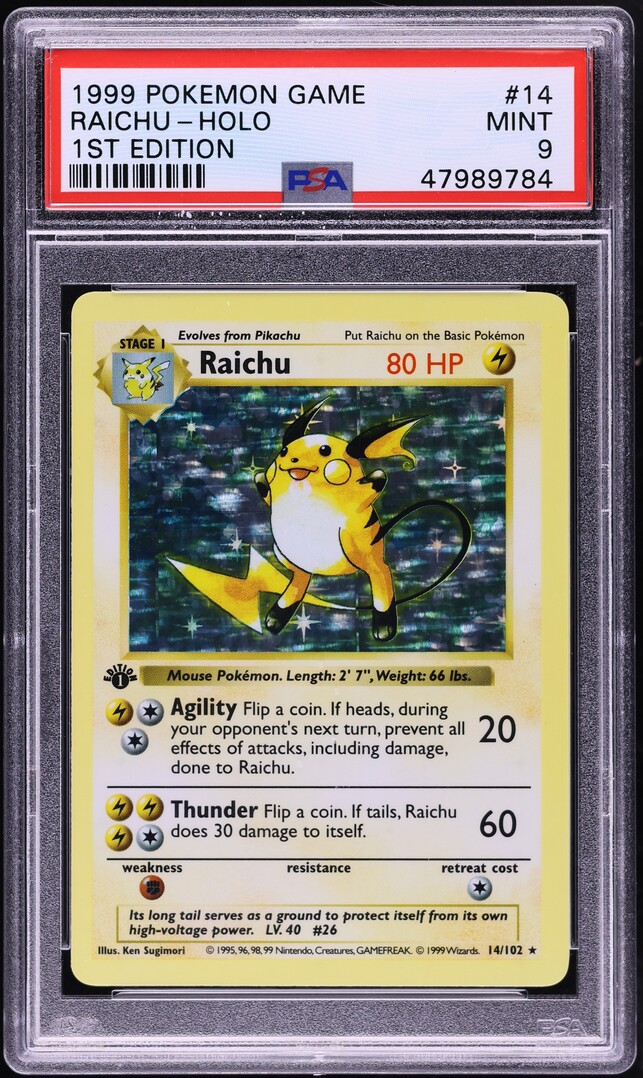 1999 Pokemon Base Set Shadowless 1st Edition Holo Raichu #14 PSA 9 MINT ...