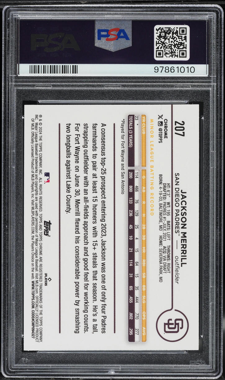 2024 Topps Chrome Big Apple Refractor Jackson Merrill ROOKIE #207 PSA 10 GEM MINT