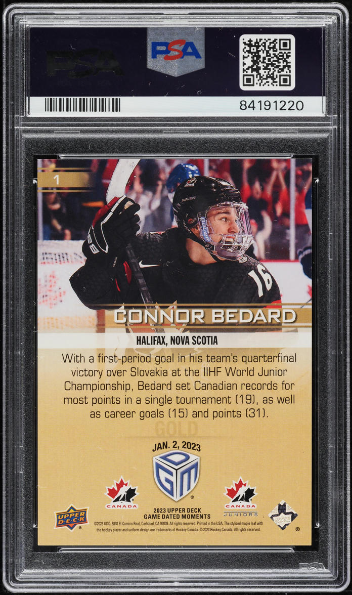 2023 Upper Deck Game Dated Moments Gold Connor Bedard ROOKIE #1 PSA 9 MINT