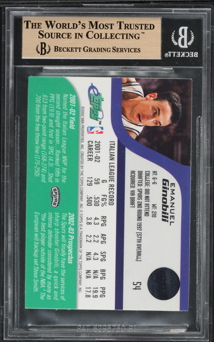 2002 eTopps Manu Ginobili /2000 #54 BGS 9.5 GEM MINT