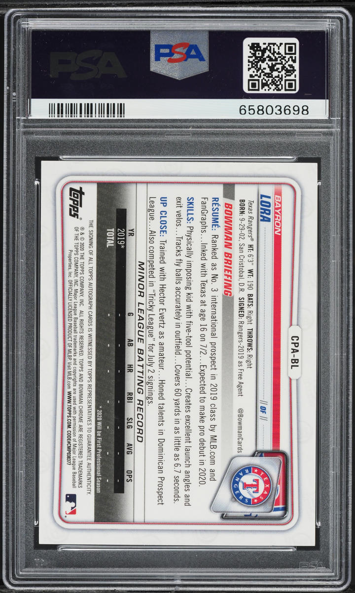 2020 Bowman Chrome Bayron Lora PROSPECT AUTO #CPA-BL PSA 8 NM-MT