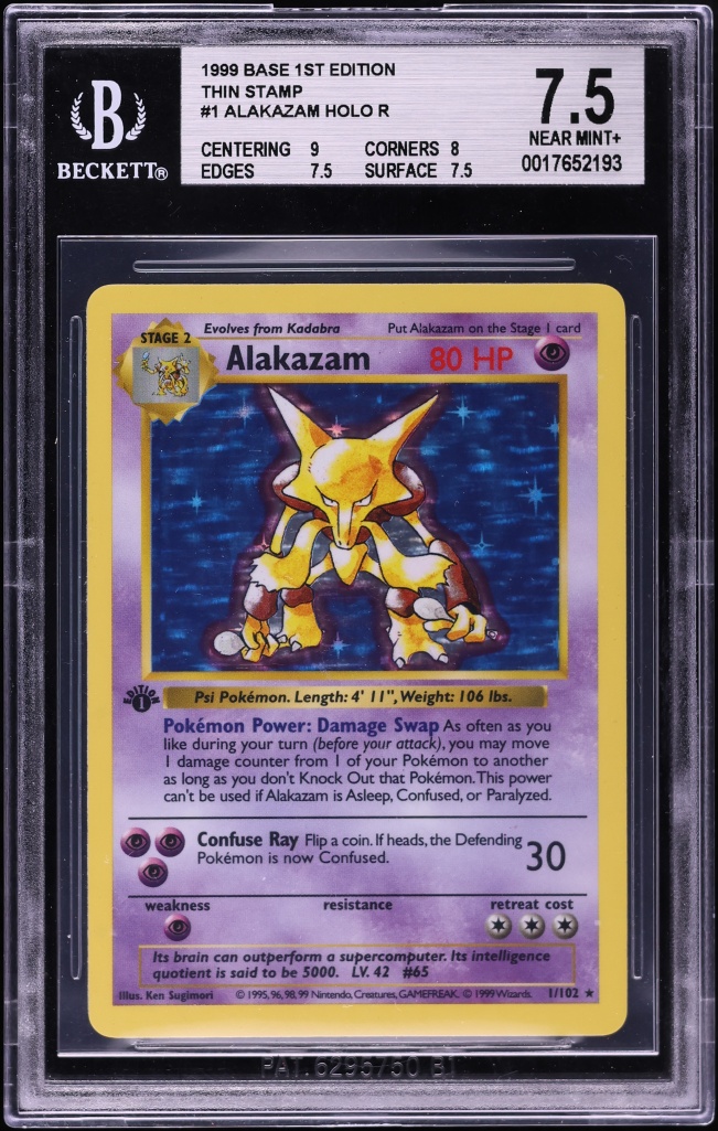 1999 Pokemon Base Set Shadowless 1st Edition Thin Stamp Holo Alakazam #1 BGS 7.5 NRMT+