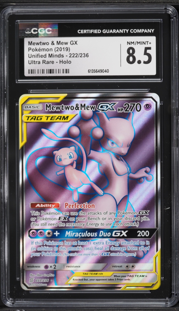 2019 Pokemon Sun & Moon Unified Minds Full Art Mewtwo & Mew GX #222 CGC 8.5 NM-MT+