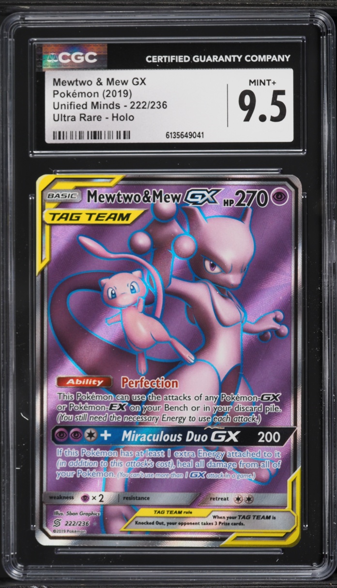 2019 Pokemon Sun & Moon Unified Minds Full Art Mewtwo & Mew GX #222 CGC 9.5 MINT+