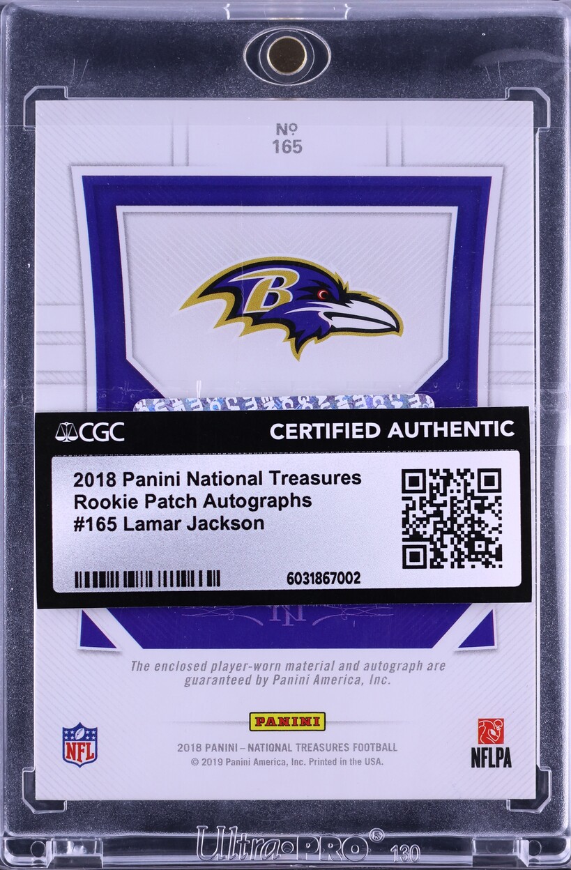 2018 National Treasures Lamar Jackson ROOKIE PATCH AUTO /99 #165 CGC AUTH