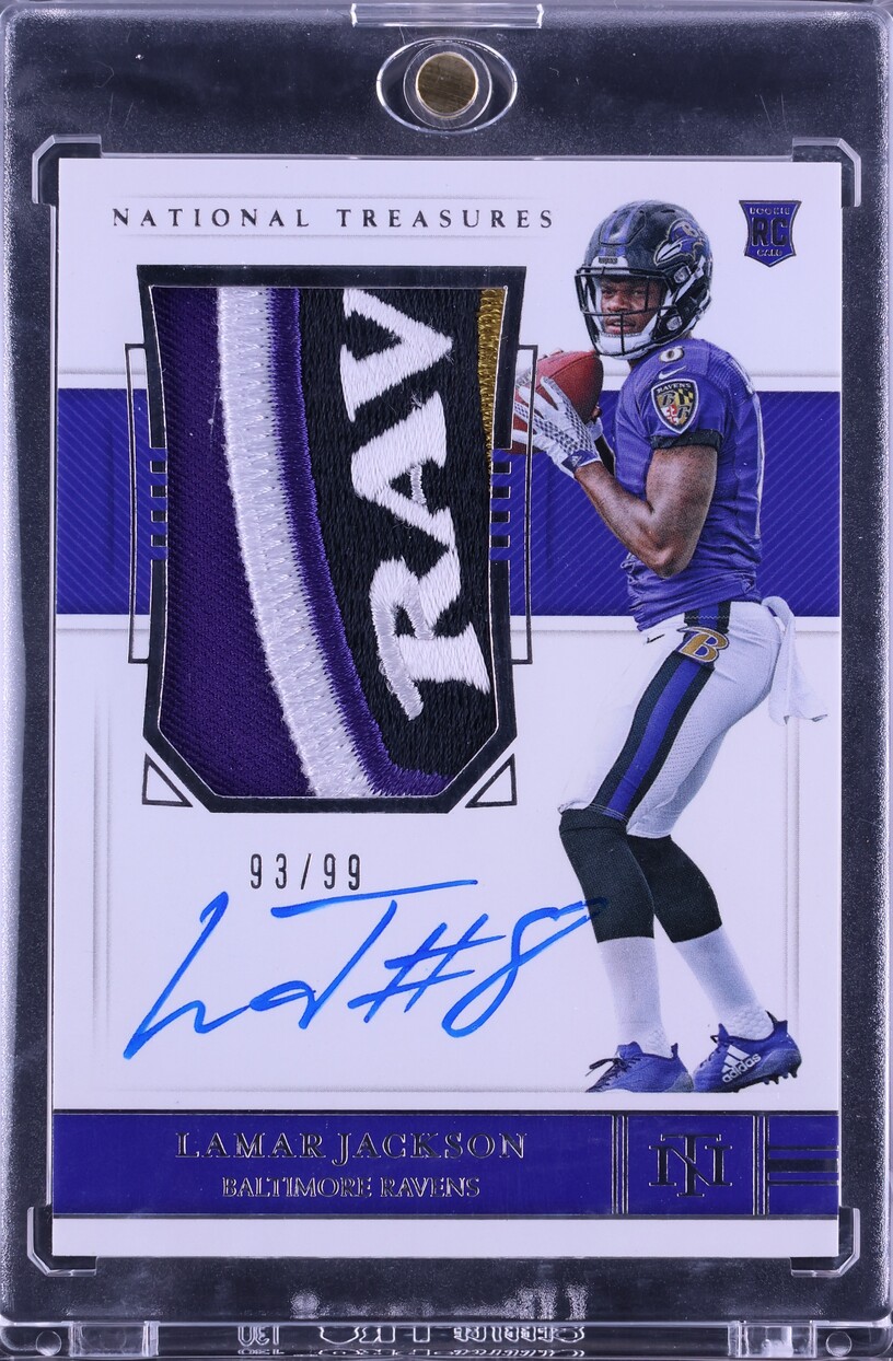 2018 National Treasures Lamar Jackson ROOKIE PATCH AUTO /99 #165 CGC AUTH