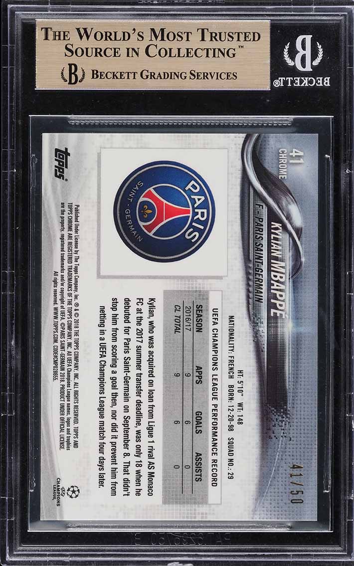 2017 Topps Chrome UEFA Gold Refractor Kylian Mbappe ROOKIE /50 #41 BGS 9.5 GEM