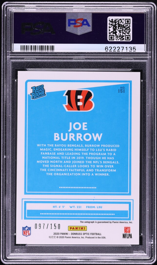 2020 Donruss Optic Joe Burrow ROOKIE AUTO /150 #151 PSA 10 GEM MINT