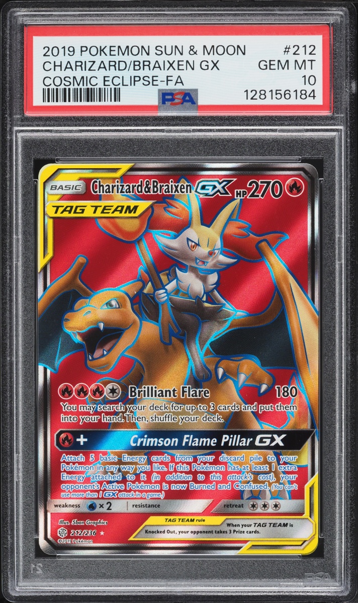 2019 Pokemon Sun & Moon Cosmic Eclipse Full Art Charizard & Braixen GX #212 PSA 10 GEM MINT