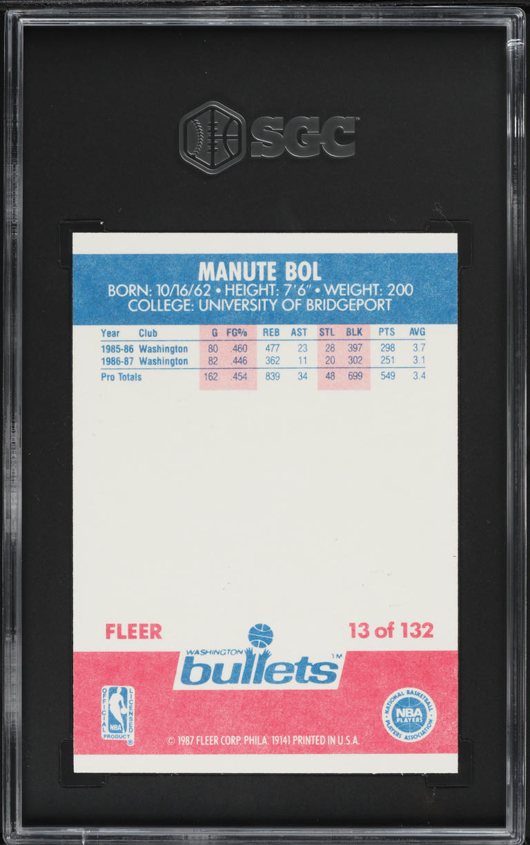 1987 Fleer Basketball Manute Bol #13 SGC 8 NM-MT