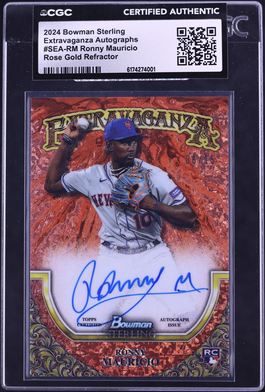 2024 Bowman Sterling Extravaganza Rose Gold Refractor Ronny Mauricio ROOKIE AUTO /15 CGC AUTH