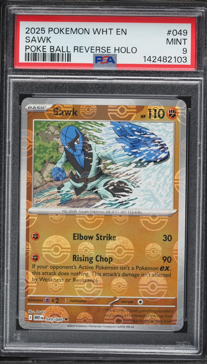 2025 Pokemon Scarlet & Violet White Flare Poke Ball Reverse Holo Sawk #049 PSA 9 MINT