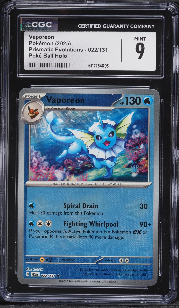 2025 Pokemon Scarlet & Violet Prismatic Evolutions Poke Ball Holo Vaporeon #22 CGC 9 MINT