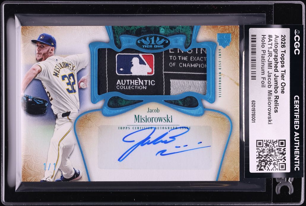 2026 Topps Tier One Jumbo Holo Platinum Foil Jacob Misiorowski ROOKIE PATCH AUTO 1/1 CGC AUTH
