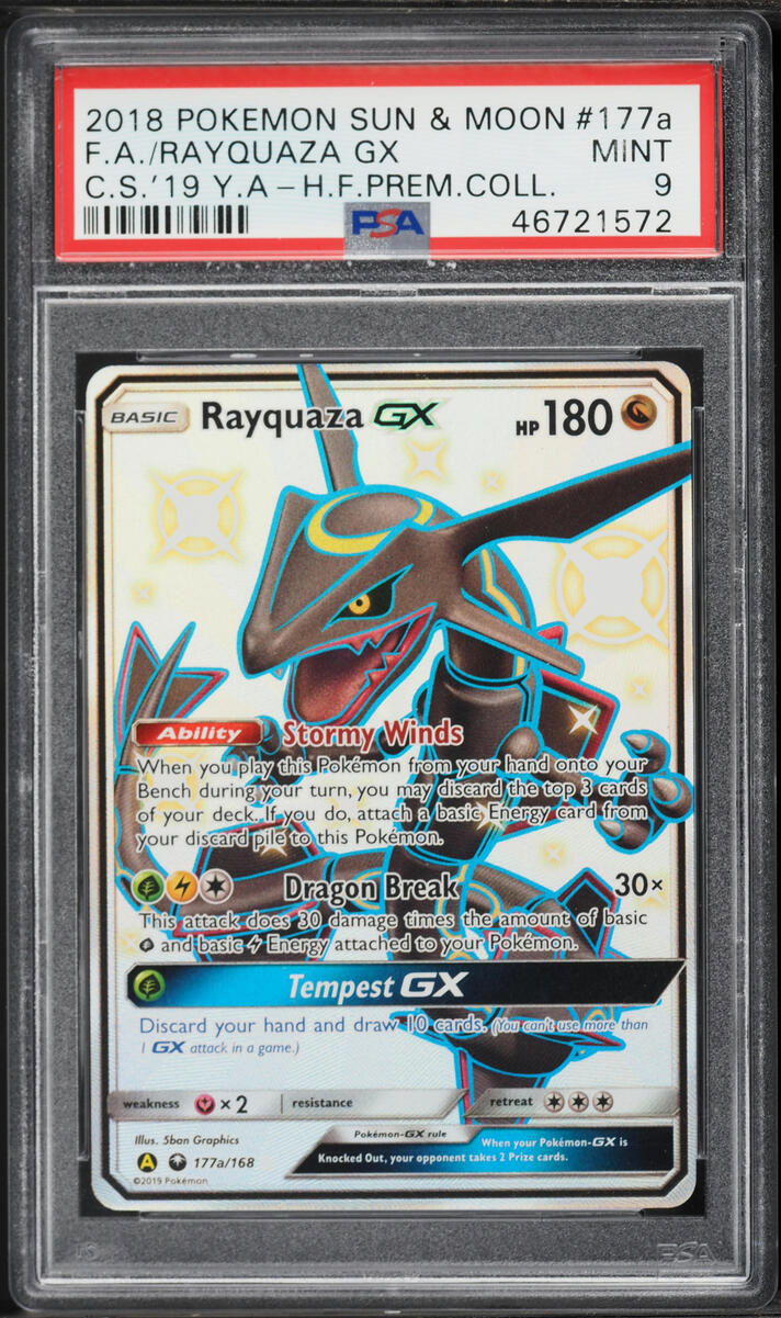 2018 Pokemon Sun & Moon Hidden Fates Premium Full Art Shiny Rayquaza GX #177a PSA 9 MINT