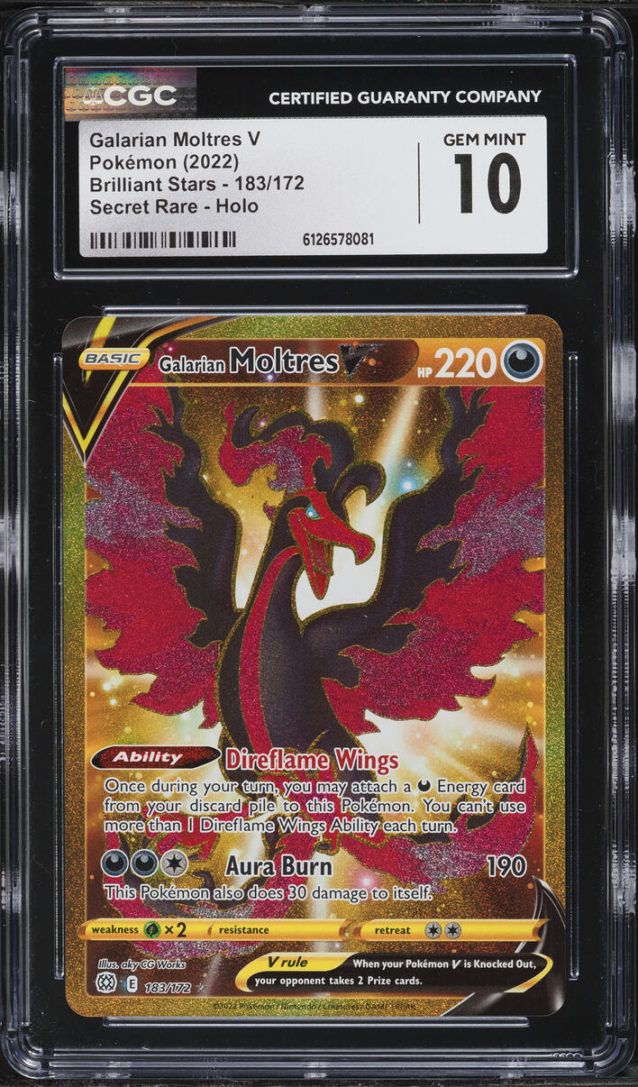 2022 Pokemon Sword & Shield Brilliant Stars Gold Rare Galarian Moltres V #183 CGC 10 GEM MINT