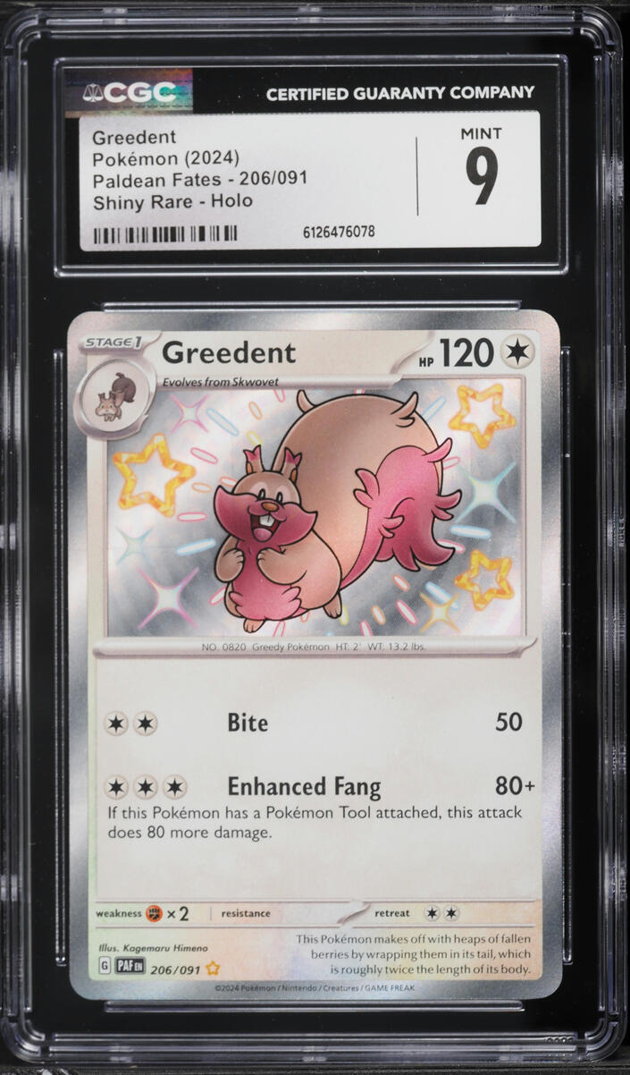 2024 Pokemon Scarlet & Violet Paldean Fates Shiny Rare Greedent #206 CGC 9 MINT