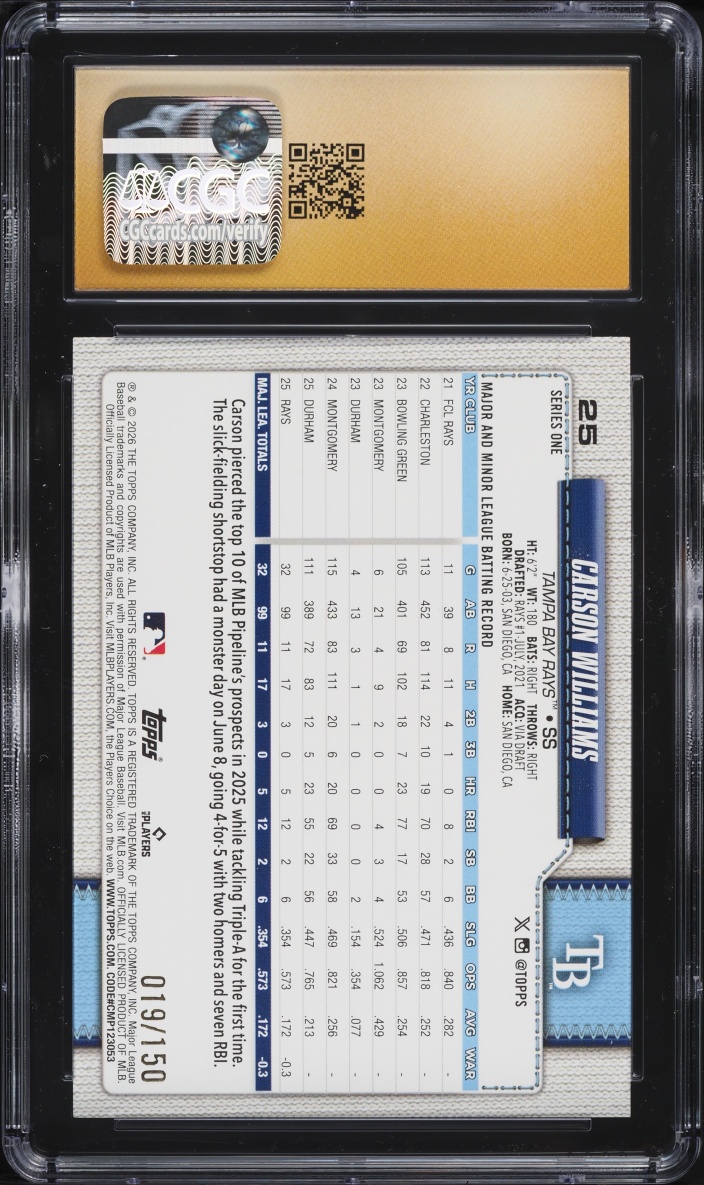 2026 Topps Blue Rainbow Foil Carson Williams ROOKIE /150 #25 CGC 10 PRISTINE