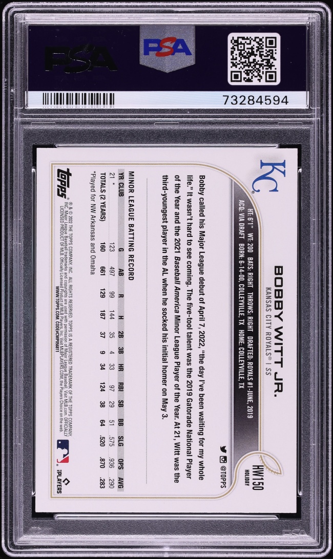 2022 Topps Holiday Bobby Witt Jr. ROOKIE #HW150 PSA 10 GEM MINT