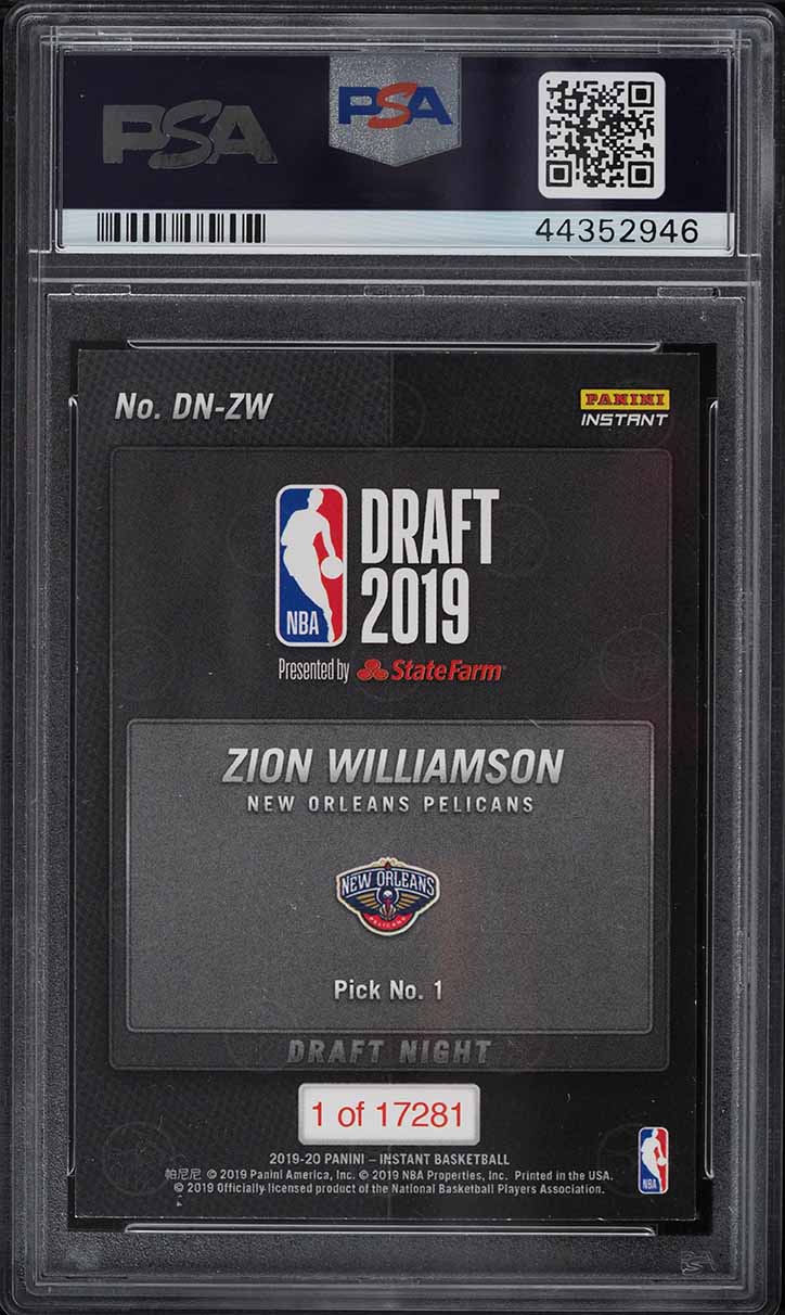 2019 Panini Instant Draft Night Zion Williamson ROOKIE #DN-ZW PSA 9 MINT