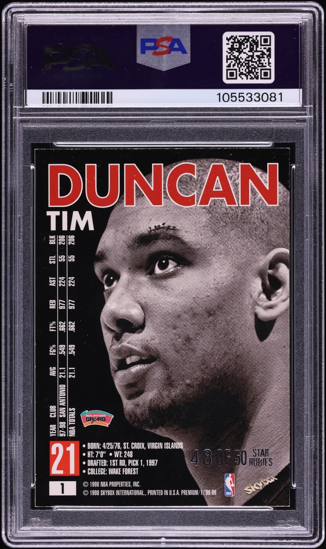1998 Skybox Premium Star Rubies Tim Duncan /50 #1 PSA 7 NRMT
