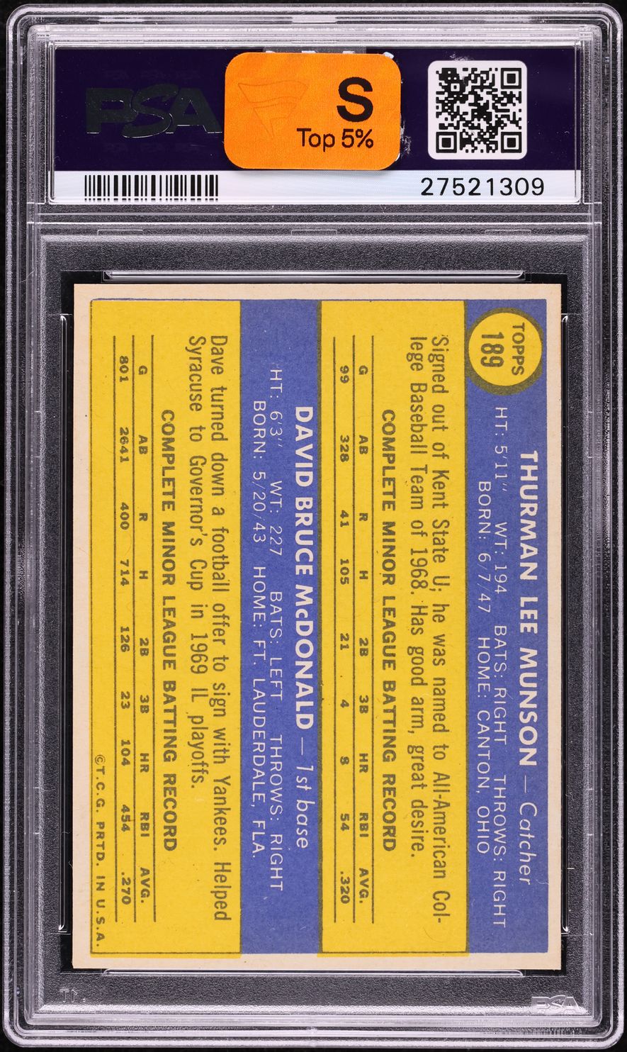 1970 Topps Thurman Munson ROOKIE #189 PSA 9 MINT