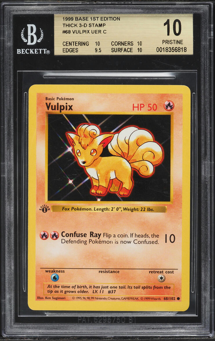 1999 Pokemon Base Set 1st Edition Thick 3-D Stamp Vulpix #68 BGS 10 PRISTINE