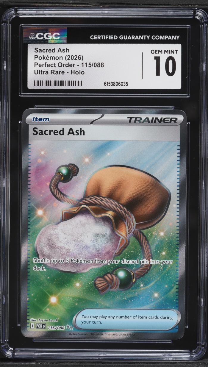 2026 Pokemon Mega Evolution Perfect Order Full Art Sacred Ash #115 CGC 10 GEM MINT
