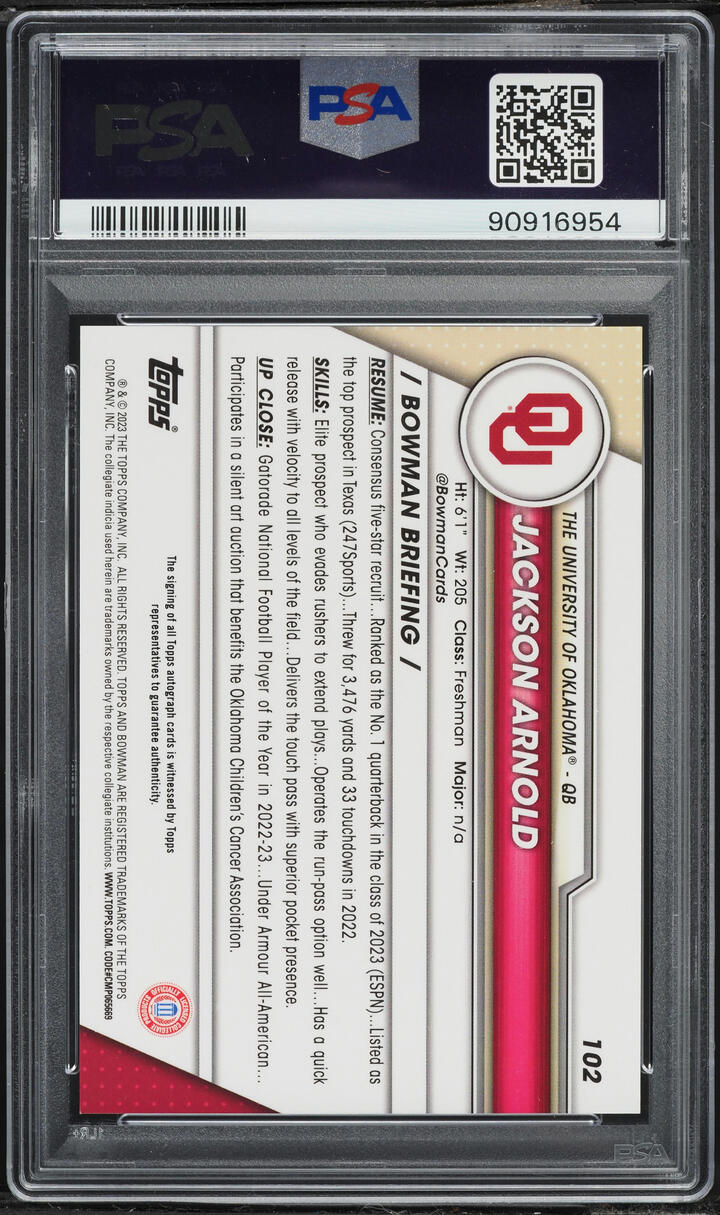 2023 Bowman Chrome University Jackson Arnold ROOKIE AUTO #102 PSA 10 GEM MINT